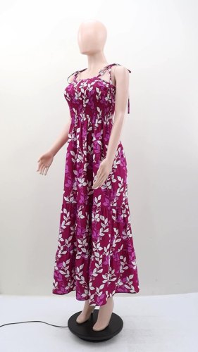 Women's casual printed suspenders spring and summer vacation off-shoulder dress