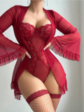 Sexy lingerie solid color lace skirt mesh see-through robe lingerie set