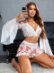 Sexy Nightwear Bikini Three-piece Set See-through Long Sleeve Rose Printed Lingerie Set
