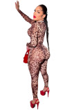 Leopard zip-up women rompers jumpsuit