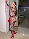 Leopard zip-up women rompers jumpsuit