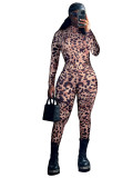 Leopard zip-up women rompers jumpsuit
