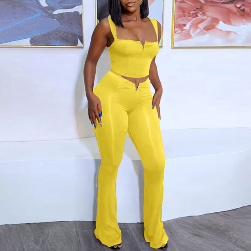 Sexy Solid Color Crop Top High Waist Pants Two Piece Set