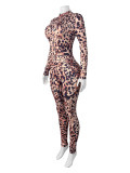 Leopard zip-up women rompers jumpsuit