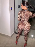 Leopard zip-up women rompers jumpsuit
