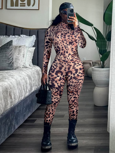 Leopard zip-up women rompers jumpsuit