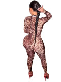 Leopard zip-up women rompers jumpsuit