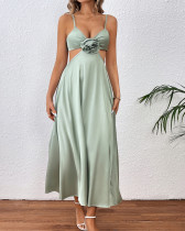 Solid color sexy sling women's elegant flower long dress