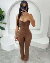 Solid color elastic slim fit sexy lace stitching bowknot jumpsuit