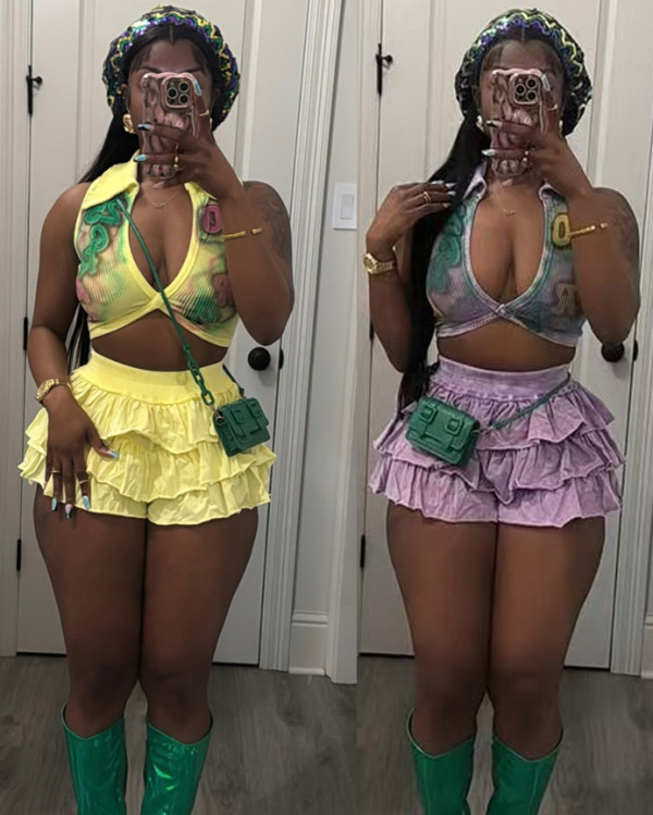 Printed women stretch ruffle shorts set