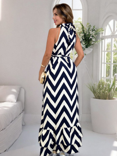 Women's sexy sleeveless stand collar wave striped print summer long dress