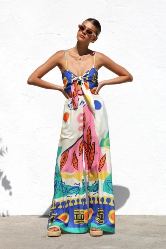 Women's summer wear bohemian holiday style printed suspenders bow wide leg straight jumpsuit