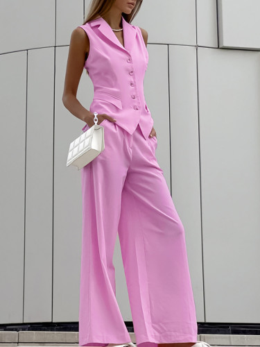 Women's cotton and linen casual suit slim fit vest wide leg pants set