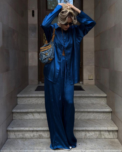 Satin suit women dark blue lapel long-sleeved tie shirt mopping trousers two-piece suit