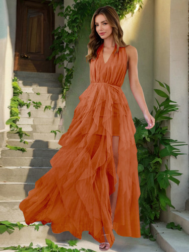 Women's sexy V-neck irregular mesh banquet party slit long dress