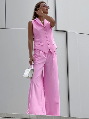 Women's cotton and linen casual suit slim fit vest wide leg pants set