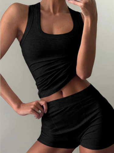 Women's casual round neck solid color slim fit racerback vest high waist shorts set