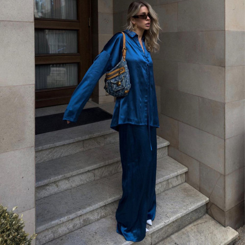 Satin suit women dark blue lapel long-sleeved tie shirt mopping trousers two-piece suit