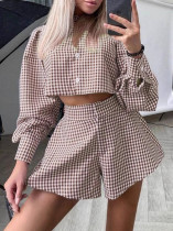 Women's Plaid Long Sleeve Shirt High Waist Wide Leg Shorts Two-piece Set