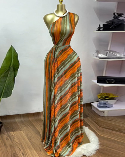 Sweet Striped One-shoulder High Waist A-line Maxi Dress 