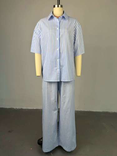 Casual lapel three-quarter sleeve striped shirt high waist trousers two-piece suit