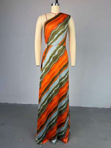 Sweet Striped One-shoulder High Waist A-line Maxi Dress 