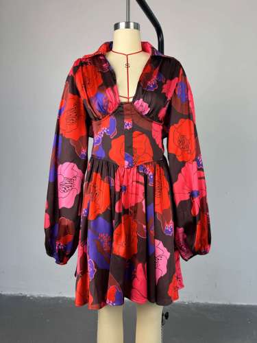 Elegant Printed V-Neck Lantern Sleeve High Waist Dress