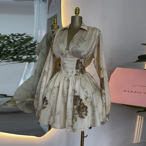 Elegant Printed V-Neck Lantern Sleeve High Waist Dress