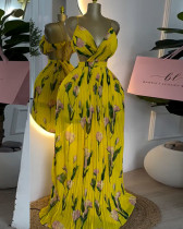Summer sweet Printed V-Neck High Waist Pleated Maxi Dress