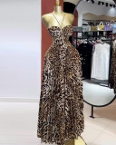 Sweet suspender pleated oversized hem leopard print maxi dress