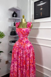 Printed short vest high waist wide swing skirt set