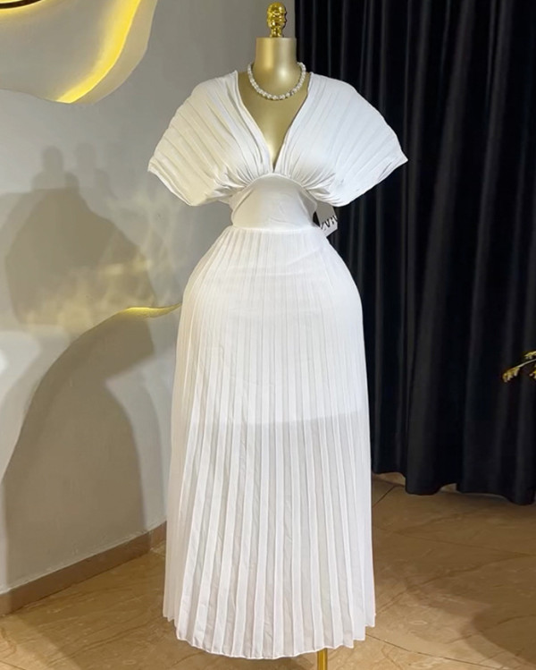 Elegant Pleated V-Neck Bat Sleeve High Waist A-Line White Maxi Dress