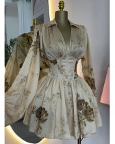Elegant Printed V-Neck Lantern Sleeve High Waist Dress