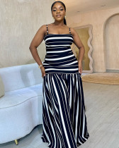 Sweet suspender contrast color striped A-line dress long dress