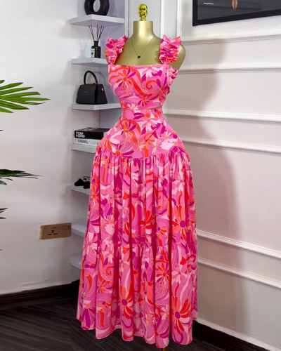 Printed short vest high waist wide swing skirt set