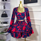 Sweet Print Square Neck Long Sleeve Shirt High Waist Ruffled Skirt Two-piece Set