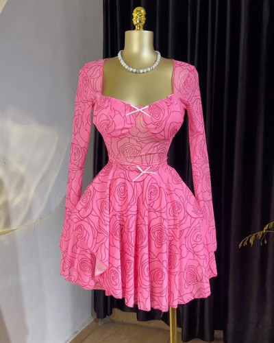 Summer sweet square neck bow long sleeve irregular dress