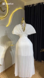 Elegant Pleated V-Neck Bat Sleeve High Waist A-Line White Maxi Dress