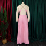 Summer sexy chain halter neck high waist sexy backless wide leg pleated jumpsuit