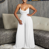 Summer sexy chain halter neck high waist sexy backless wide leg pleated jumpsuit
