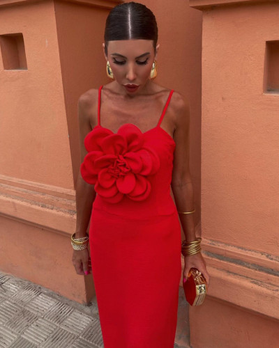 Women Large Flower Suspenders Women's Evening Long Dress