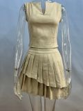 Sleeveless solid color sexy MINI pleated skirt set