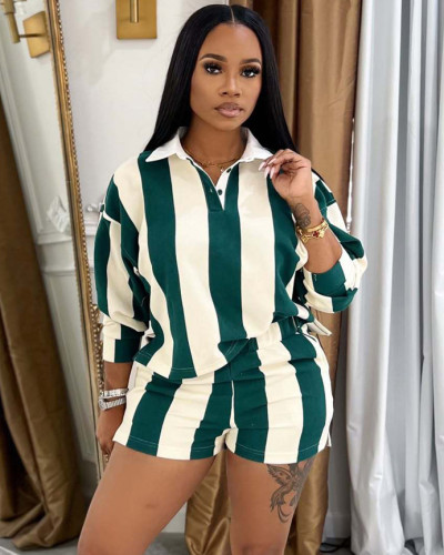 Women's fashion casual sports striped print two-piece short set
