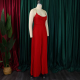 Summer sexy chain halter neck high waist sexy backless wide leg pleated jumpsuit