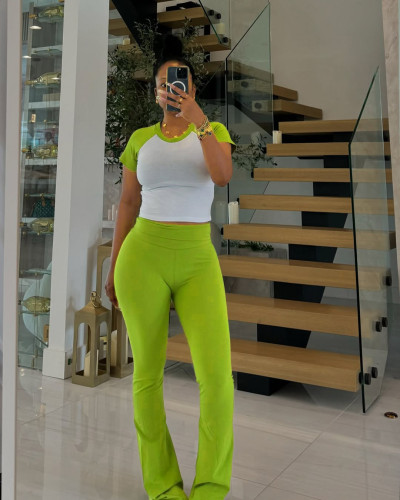 Contrast color raglan sleeve casual sports yoga pants two-piece set