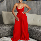 Summer sexy chain halter neck high waist sexy backless wide leg pleated jumpsuit