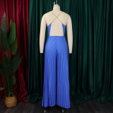 Summer sexy chain halter neck high waist sexy backless wide leg pleated jumpsuit
