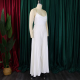 Summer sexy chain halter neck high waist sexy backless wide leg pleated jumpsuit