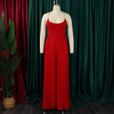 Summer sexy chain halter neck high waist sexy backless wide leg pleated jumpsuit