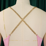 Summer sexy chain halter neck high waist sexy backless wide leg pleated jumpsuit